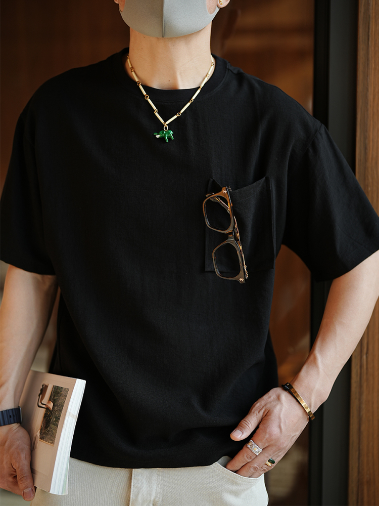 Men's Minimalist Pocket Short Sleeve T-Shirt - Solid Color Round Neck Top for Summer, Trendy Versatile Harbor Style Men's Minimalist Pocket Short Sleeve T-Shirt - Solid Color Round Neck Top for Summer, Trendy Versatile Harbor Style