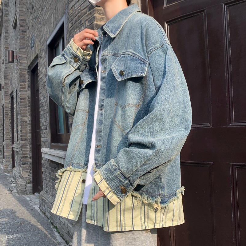 Men's Retro American-Style Striped Splicing Denim Jacket - Korean-Inspired Two-Piece Look, High-End Fashion Men's Retro American-Style Striped Splicing Denim Jacket - Korean-Inspired Two-Piece Look, High-End Fashion