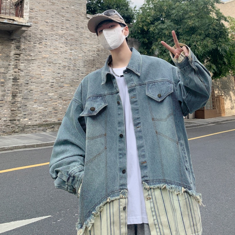 Men's Retro American-Style Striped Splicing Denim Jacket - Korean-Inspired Two-Piece Look, High-End Fashion Men's Retro American-Style Striped Splicing Denim Jacket - Korean-Inspired Two-Piece Look, High-End Fashion