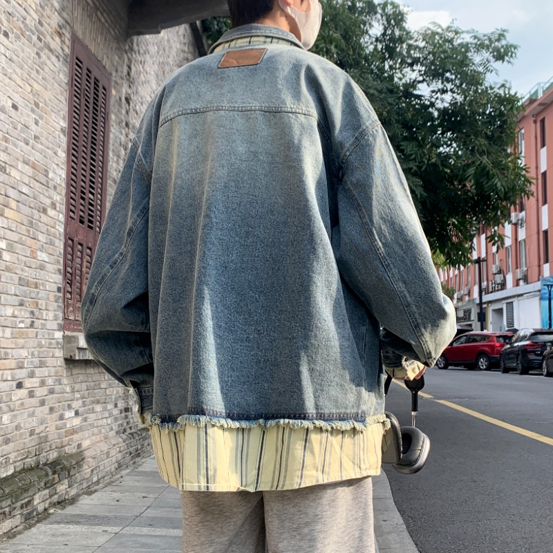 Men's Retro American-Style Striped Splicing Denim Jacket - Korean-Inspired Two-Piece Look, High-End Fashion Men's Retro American-Style Striped Splicing Denim Jacket - Korean-Inspired Two-Piece Look, High-End Fashion