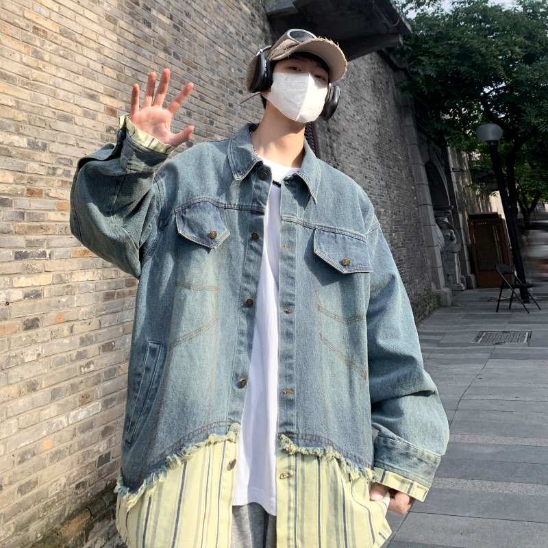 Men's Retro American-Style Striped Splicing Denim Jacket - Korean-Inspired Two-Piece Look, High-End Fashion Men's Retro American-Style Striped Splicing Denim Jacket - Korean-Inspired Two-Piece Look, High-End Fashion