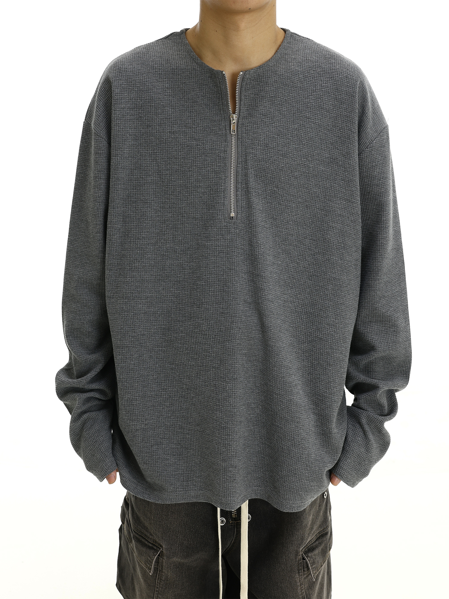 Men's Retro Streetwear Half-Zip Sweatshirt, Loose Fit Waffle Long Sleeve Base Layer for Autumn Winter Fashion