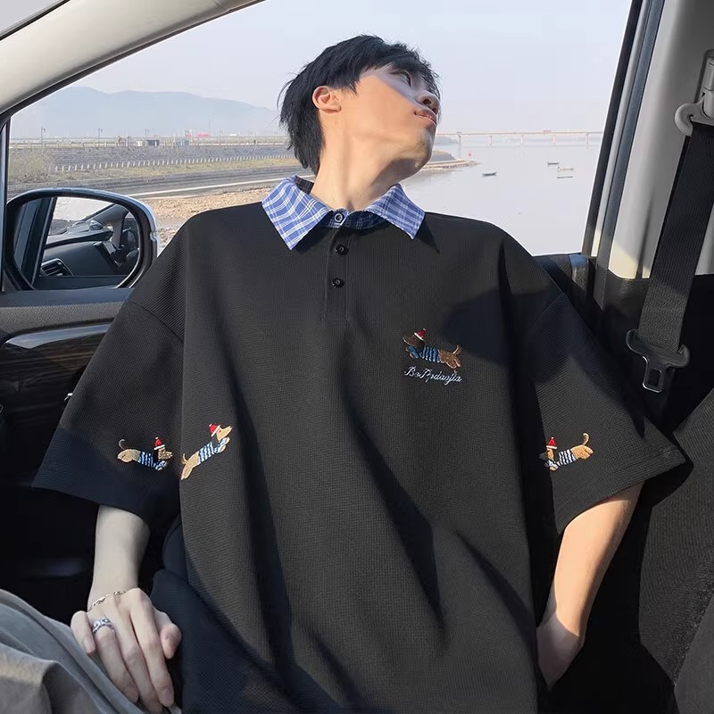 Men's Sausage Dog Embroidered Polo Shirt - Summer Loose Fit Plus Size Short Sleeve Tee in Casual Lazy Style