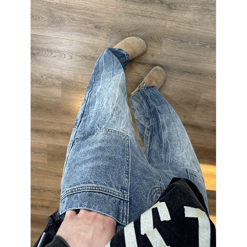 Men's Slim-Fit Water-Washed Cracked Denim Pants, Trendy High Street Style, Flattering Slightly Flared Design