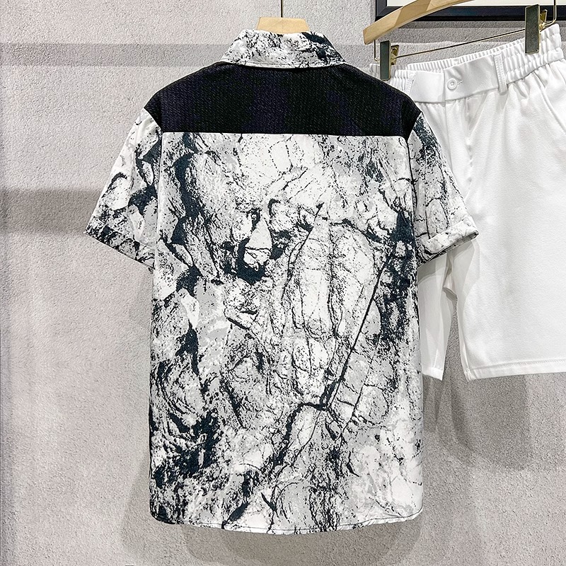 Men's Spliced Short-Sleeve Ice Silk Shirt, Trendy Ink Wash Print, Summer Chinese Style Top, Modern Casual Fashion for Men