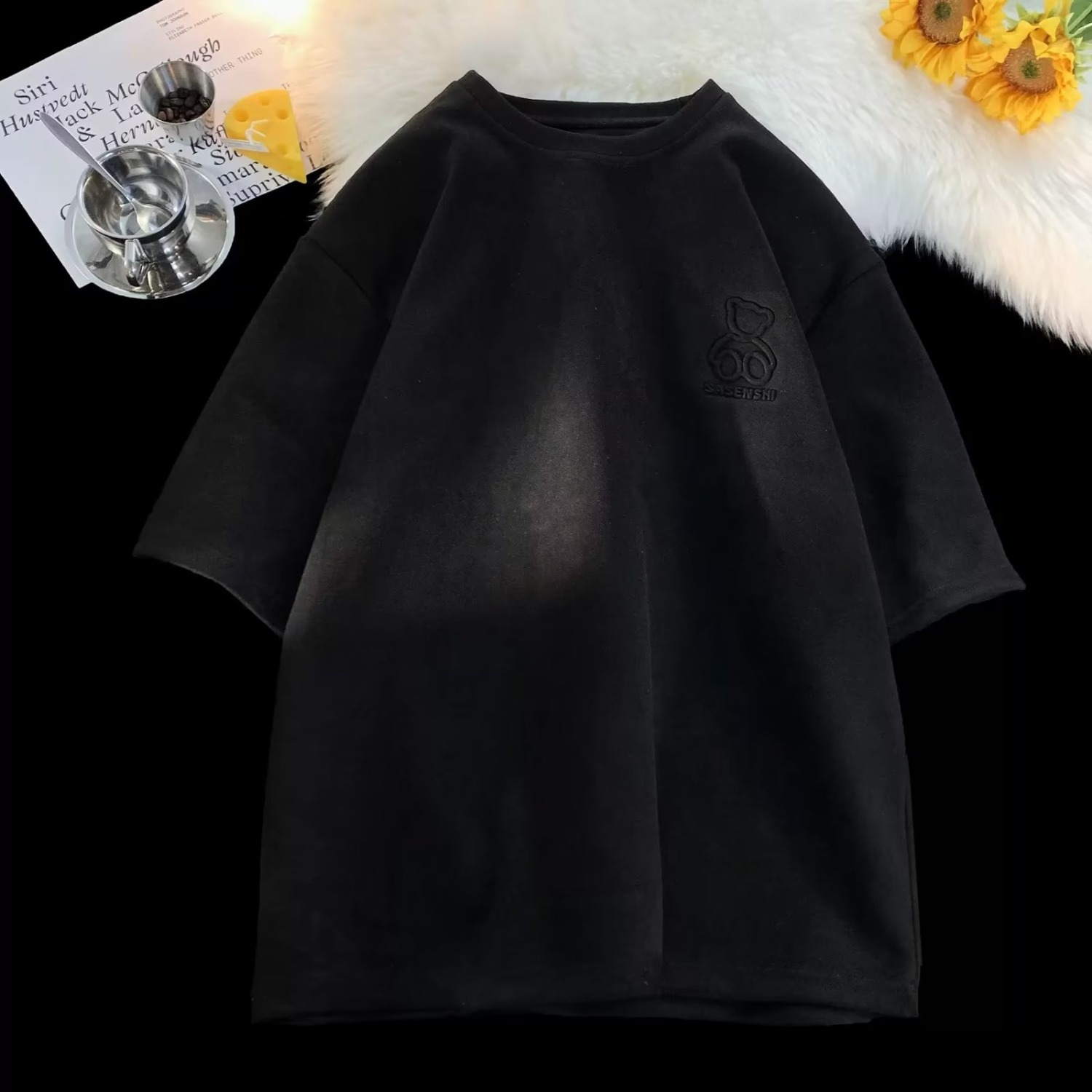 Men's Suede Short-Sleeve T-Shirt with Retro Japanese Bear Stamp, Loose Casual Summer Top, Vintage 90s Style Men's Suede Short-Sleeve T-Shirt with Retro Japanese Bear Stamp, Loose Casual Summer Top, Vintage 90s Style