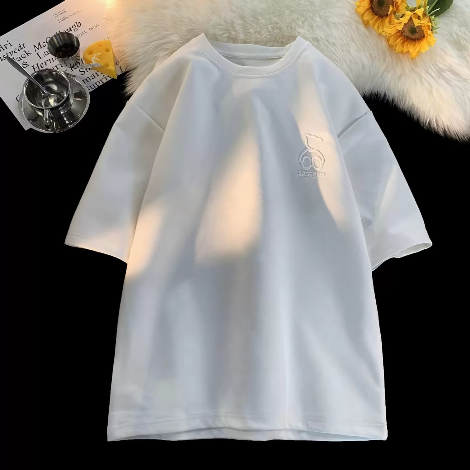 Men's Suede Short-Sleeve T-Shirt with Retro Japanese Bear Stamp, Loose Casual Summer Top, Vintage 90s Style Men's Suede Short-Sleeve T-Shirt with Retro Japanese Bear Stamp, Loose Casual Summer Top, Vintage 90s Style