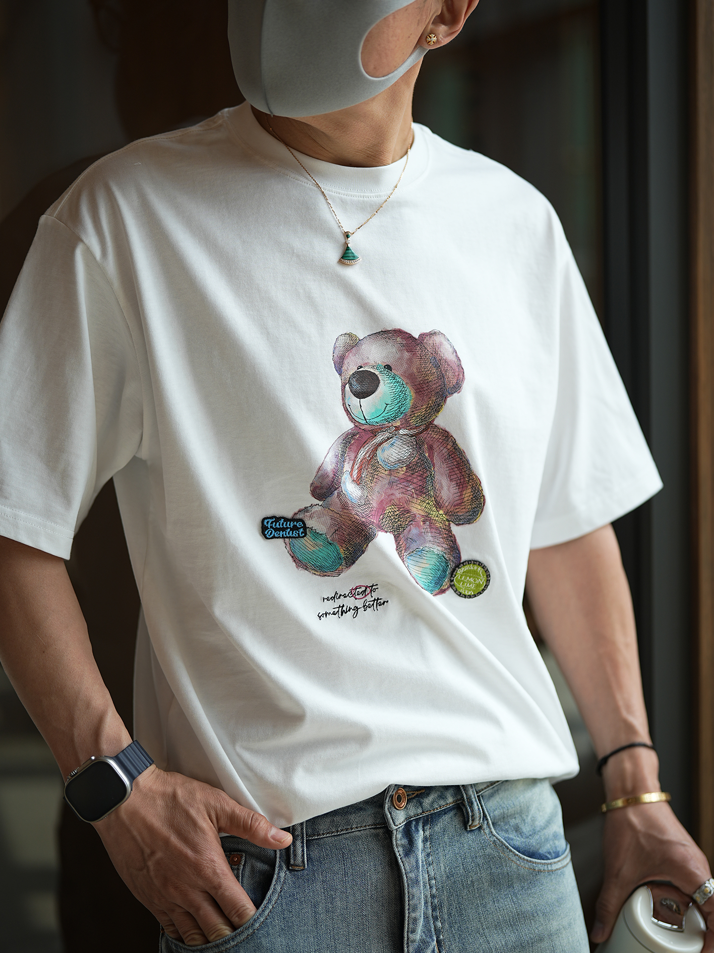 Men's Summer Cartoon Hand-Drawn Bear Print Cotton Short Sleeve T-Shirt with Letter Embroidery, Trendy Casual Style Men's Summer Cartoon Hand-Drawn Bear Print Cotton Short Sleeve T-Shirt with Letter Embroidery, Trendy Casual Style