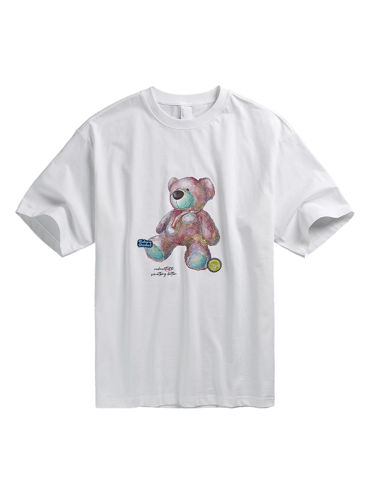 Men's Summer Cartoon Hand-Drawn Bear Print Cotton Short Sleeve T-Shirt with Letter Embroidery, Trendy Casual Style Men's Summer Cartoon Hand-Drawn Bear Print Cotton Short Sleeve T-Shirt with Letter Embroidery, Trendy Casual Style