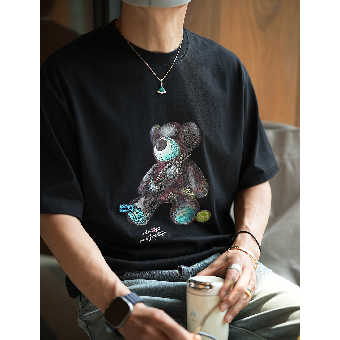 Men's Summer Cartoon Hand-Drawn Bear Print Cotton Short Sleeve T-Shirt with Letter Embroidery, Trendy Casual Style Men's Summer Cartoon Hand-Drawn Bear Print Cotton Short Sleeve T-Shirt with Letter Embroidery, Trendy Casual Style