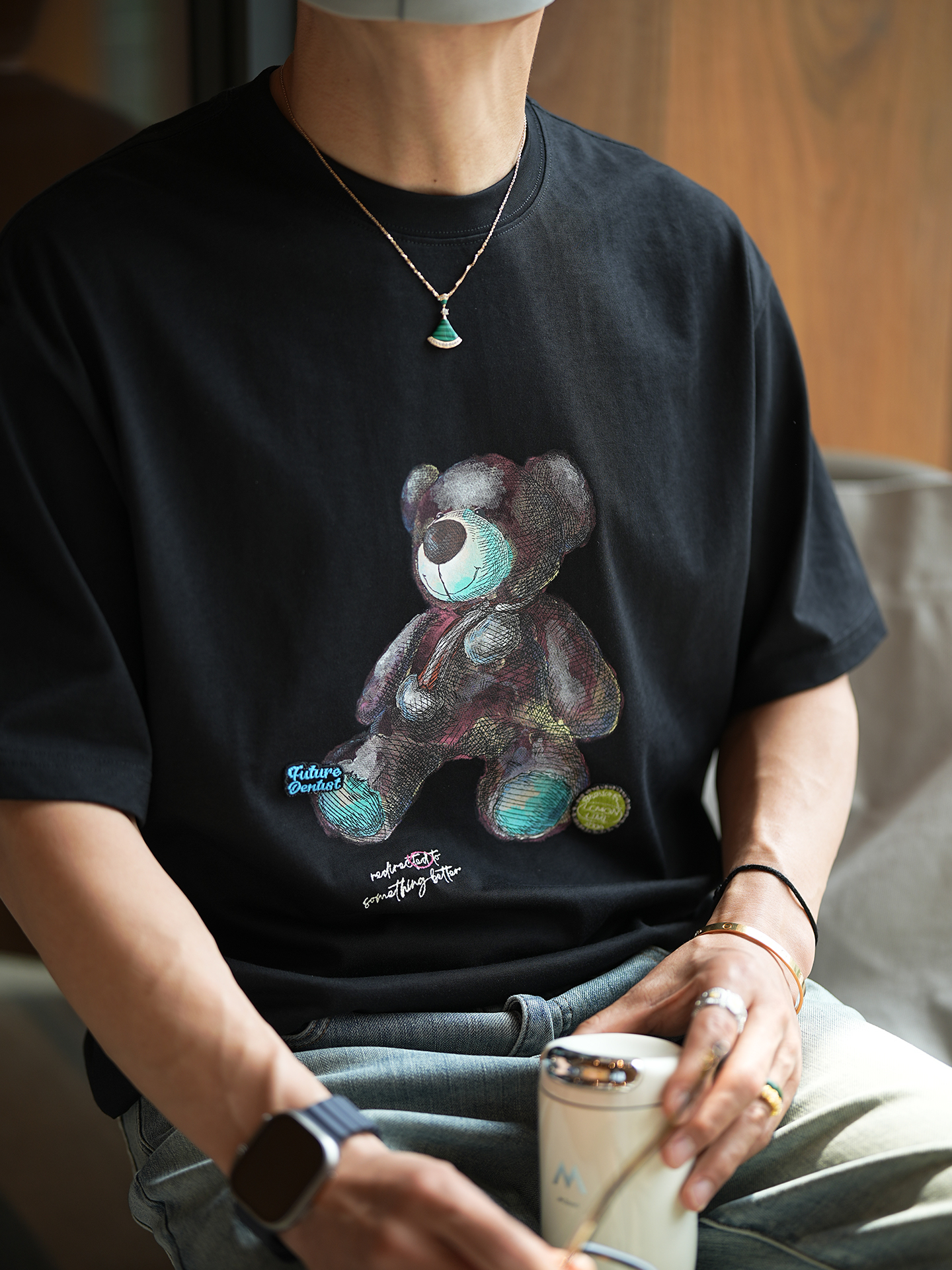 Men's Summer Cartoon Hand-Drawn Bear Print Cotton Short Sleeve T-Shirt with Letter Embroidery, Trendy Casual Style Men's Summer Cartoon Hand-Drawn Bear Print Cotton Short Sleeve T-Shirt with Letter Embroidery, Trendy Casual Style