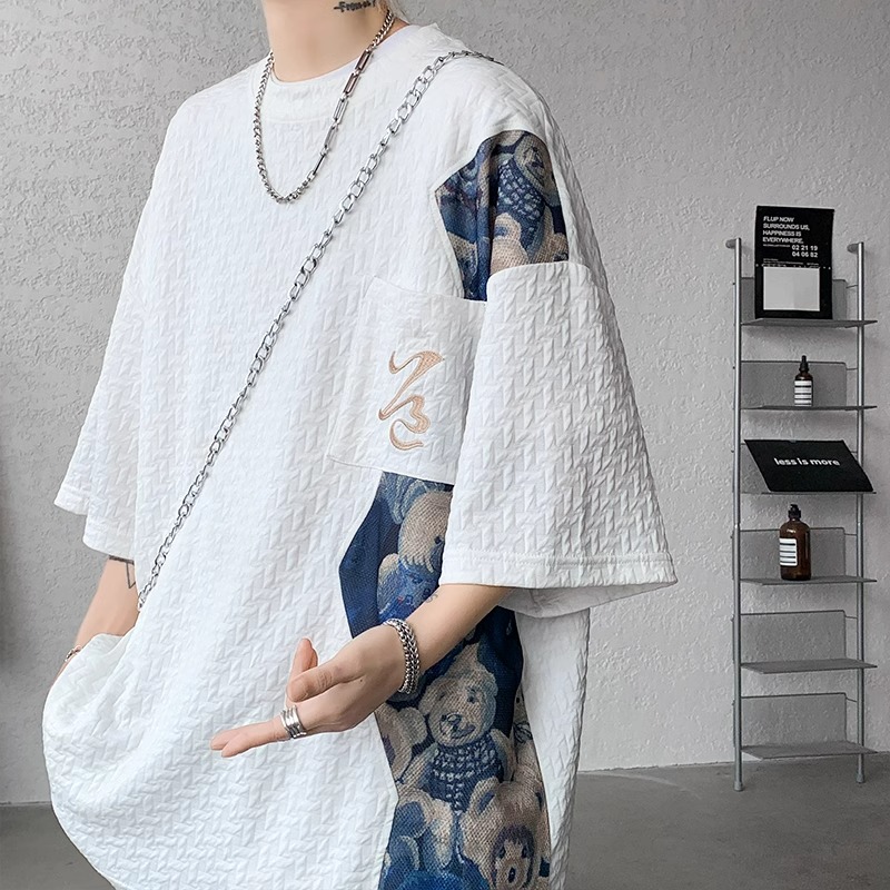 Men's Summer Chinese-Style Bear Short Sleeve T-Shirt, Trendy Textured Loose Fit, National Style, Youthful Fashion