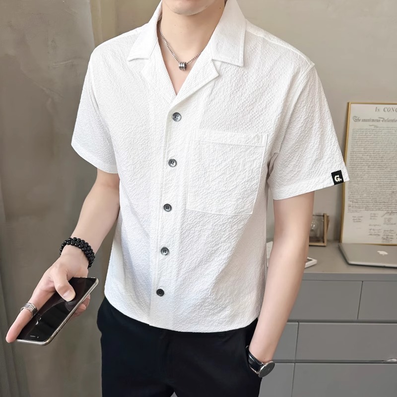Men's Summer Ice Silk Short Sleeve Shirt - Loose Cuban Collar, High-Quality Solid Color Half Sleeve Top, Casual Jacket for Y2K Style Men's Summer Ice Silk Short Sleeve Shirt - Loose Cuban Collar, High-Quality Solid Color Half Sleeve Top, Casual Jacket for Y2K Style