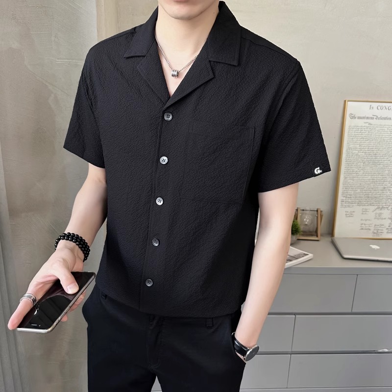 Men's Summer Ice Silk Short Sleeve Shirt - Loose Cuban Collar, High-Quality Solid Color Half Sleeve Top, Casual Jacket for Y2K Style Men's Summer Ice Silk Short Sleeve Shirt - Loose Cuban Collar, High-Quality Solid Color Half Sleeve Top, Casual Jacket for Y2K Style