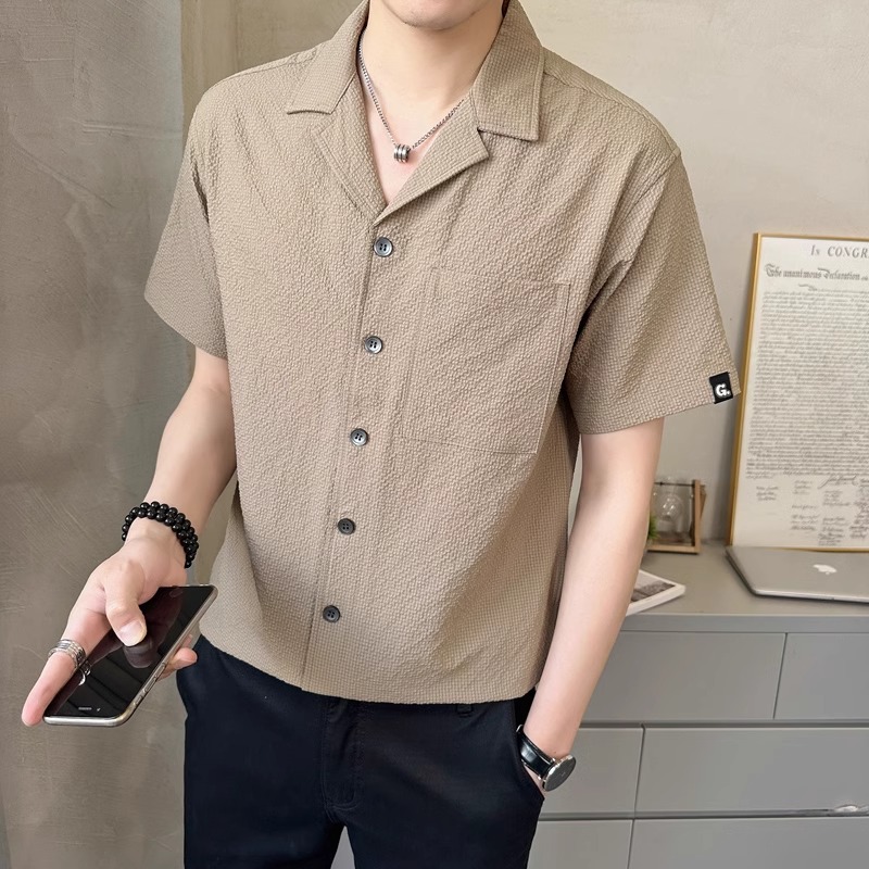 Men's Summer Ice Silk Short Sleeve Shirt - Loose Cuban Collar, High-Quality Solid Color Half Sleeve Top, Casual Jacket for Y2K Style Men's Summer Ice Silk Short Sleeve Shirt - Loose Cuban Collar, High-Quality Solid Color Half Sleeve Top, Casual Jacket for Y2K Style