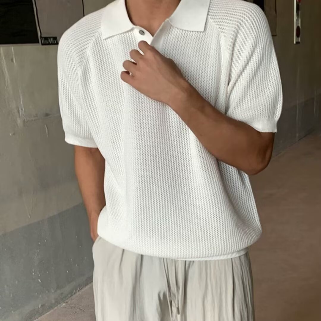 Men's Summer Knitted Polo Shirt, Honeycomb Loose Fit Short Sleeve, Cool Niche Design, Trendy Korean Style Fashion