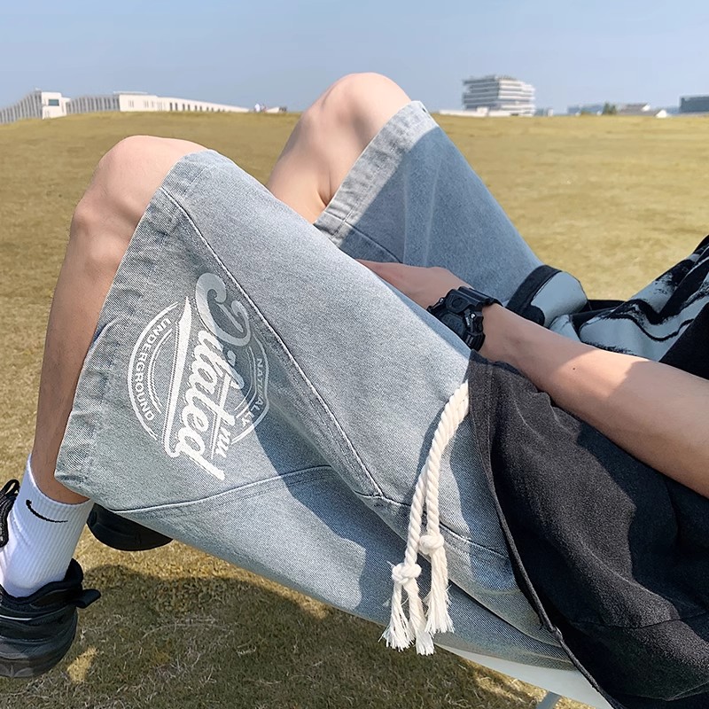 Men's Summer Loose-Fit Denim Shorts, Elastic Waist Mid-Length Pants, Trendy 2025 Style for Youth, Casual Fashion Essential