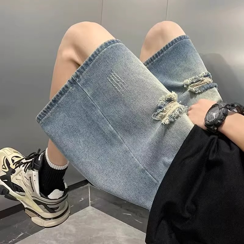 Men's Summer Loose-Fitting Ripped Denim Shorts with Elastic Waist - Trendy Mid-Length Casual Wear for Warm Weather Men's Summer Loose-Fitting Ripped Denim Shorts with Elastic Waist - Trendy Mid-Length Casual Wear for Warm Weather