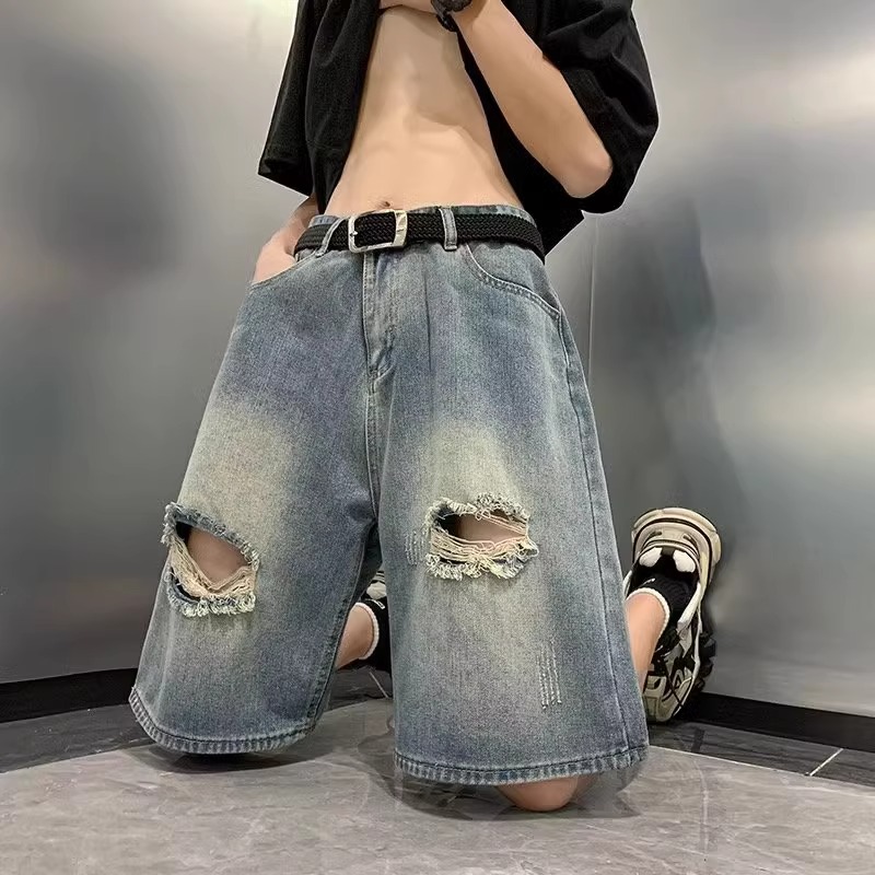 Men's Summer Loose-Fitting Ripped Denim Shorts with Elastic Waist - Trendy Mid-Length Casual Wear for Warm Weather Men's Summer Loose-Fitting Ripped Denim Shorts with Elastic Waist - Trendy Mid-Length Casual Wear for Warm Weather