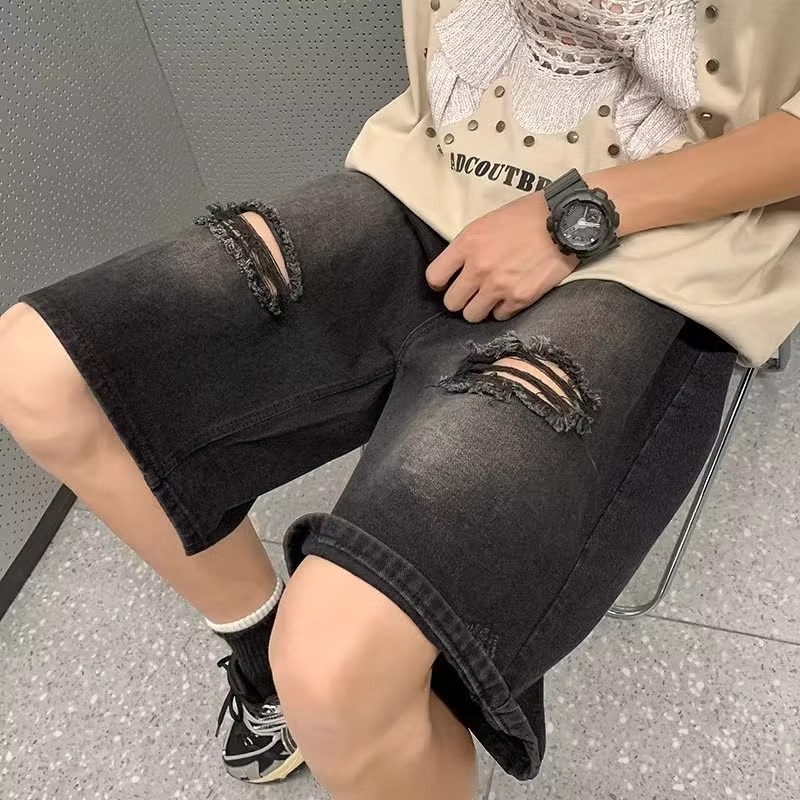 Men's Summer Loose-Fitting Ripped Denim Shorts with Elastic Waist - Trendy Mid-Length Casual Wear for Warm Weather Men's Summer Loose-Fitting Ripped Denim Shorts with Elastic Waist - Trendy Mid-Length Casual Wear for Warm Weather