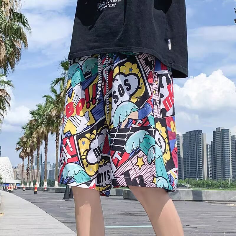 Men's Summer Loose Ice Silk Shorts, Quick-Dry Beach Pants, Trendy Cartoon Print, Breathable Casual Five-Point Style