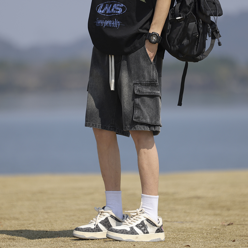 Men's Summer Loose Straight Denim Cargo Shorts - Mid-Length Casual Style for Comfortable Everyday Wear