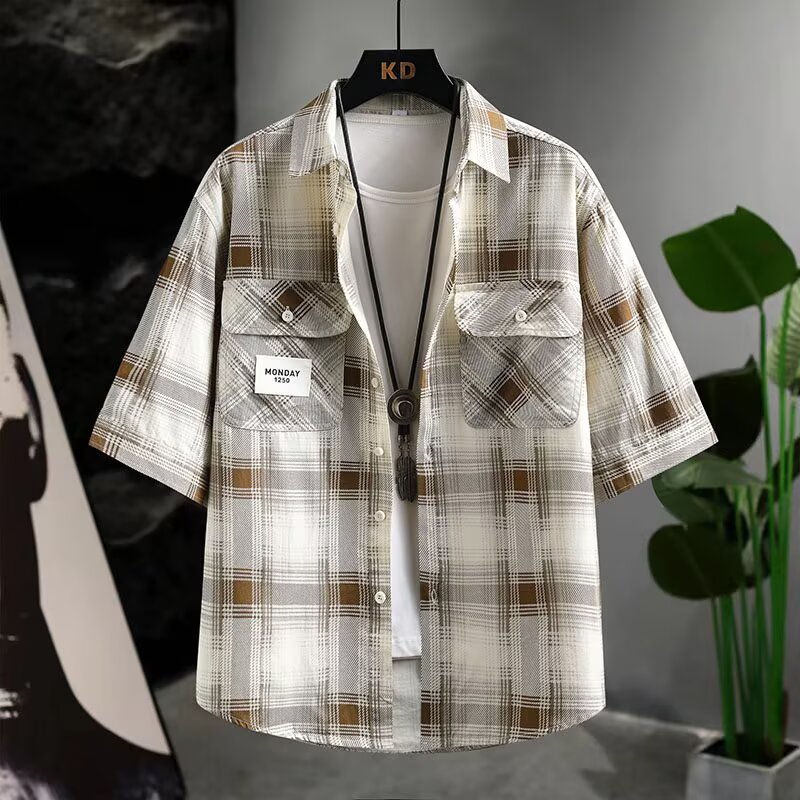 Men's Summer Pure Cotton Checkered Short Sleeve Shirt - Lightweight Casual Breathable Luxury Style for Effortless Warm Weather Fashion