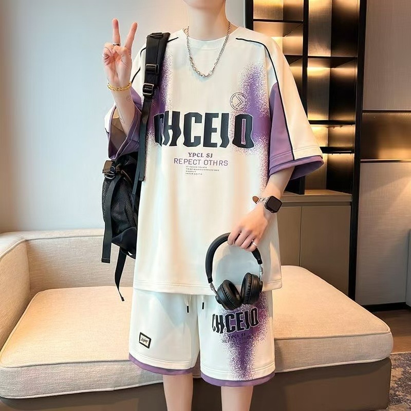 Men's Summer Short Sleeve T-Shirt Set - Youth College Style, Versatile Loose Sports Casual Two-Piece Outfit