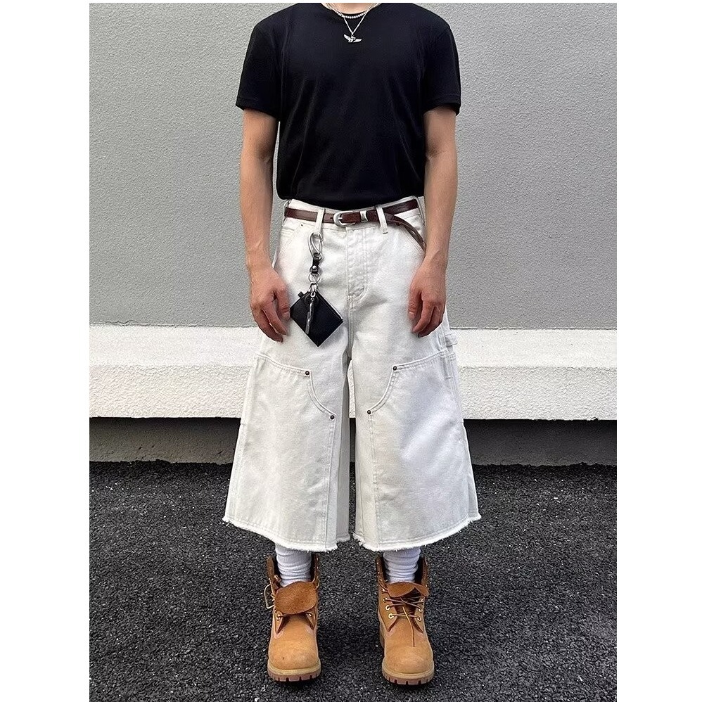 Men's Unisex White Cargo Cropped Pants - American Retro Studded Patchwork High Street Denim Shorts, Deconstructed Design