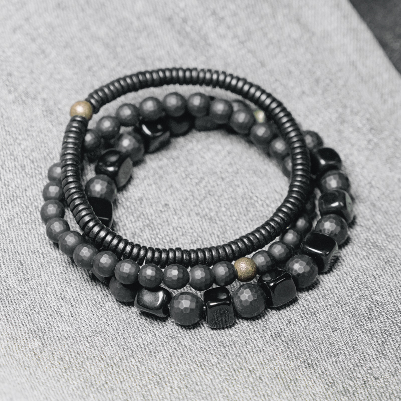 Men's Versatile Three-Piece Bracelet Set - Black Ebony, Agate & Obsidian Mixed Design for Street Style Fashion