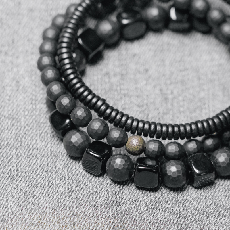Men's Versatile Three-Piece Bracelet Set - Black Ebony, Agate & Obsidian Mixed Design for Street Style Fashion Men's Versatile Three-Piece Bracelet Set - Black Ebony, Agate & Obsidian Mixed Design for Street Style Fashion