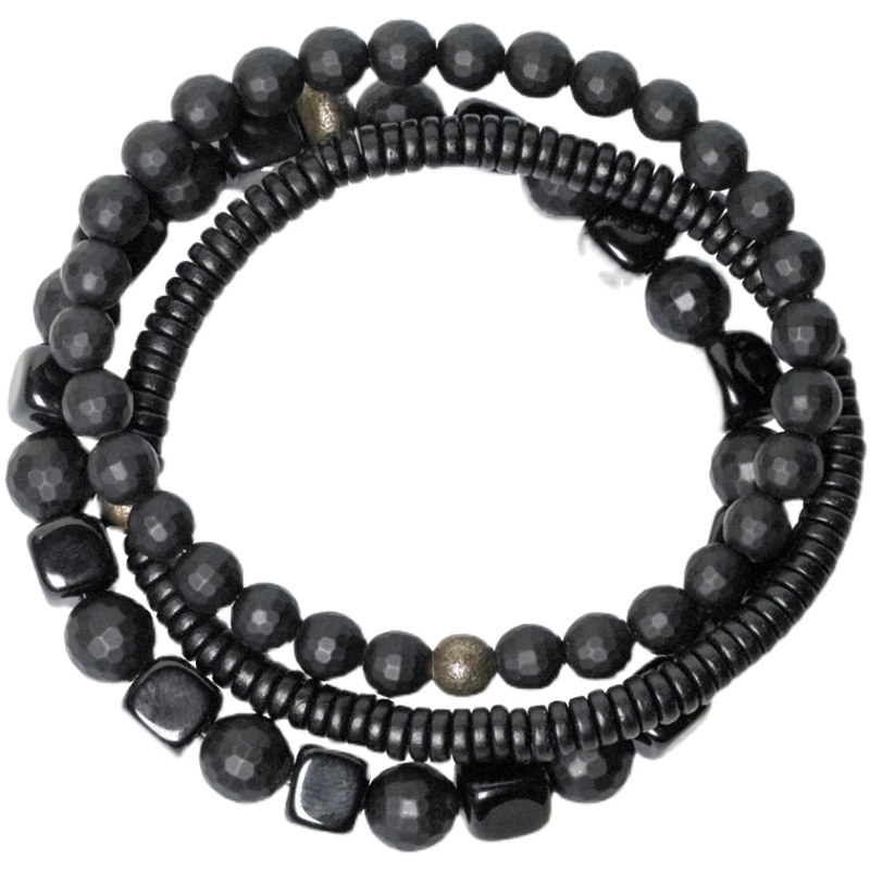Men's Versatile Three-Piece Bracelet Set - Black Ebony, Agate & Obsidian Mixed Design for Street Style Fashion Men's Versatile Three-Piece Bracelet Set - Black Ebony, Agate & Obsidian Mixed Design for Street Style Fashion