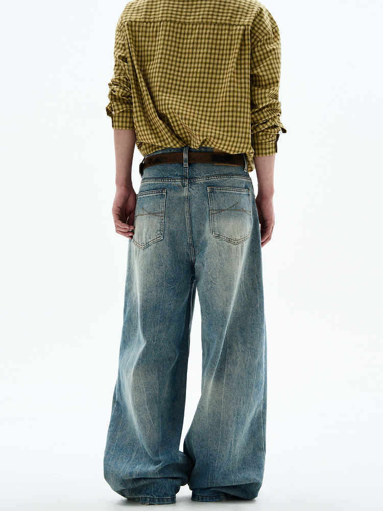 Men's Vintage Distressed Jeans - Classic Fit Straight Leg with Slight Flare, Trendy Slimming Versatile Pants, Y2K Style Men's Vintage Distressed Jeans - Classic Fit Straight Leg with Slight Flare, Trendy Slimming Versatile Pants, Y2K Style