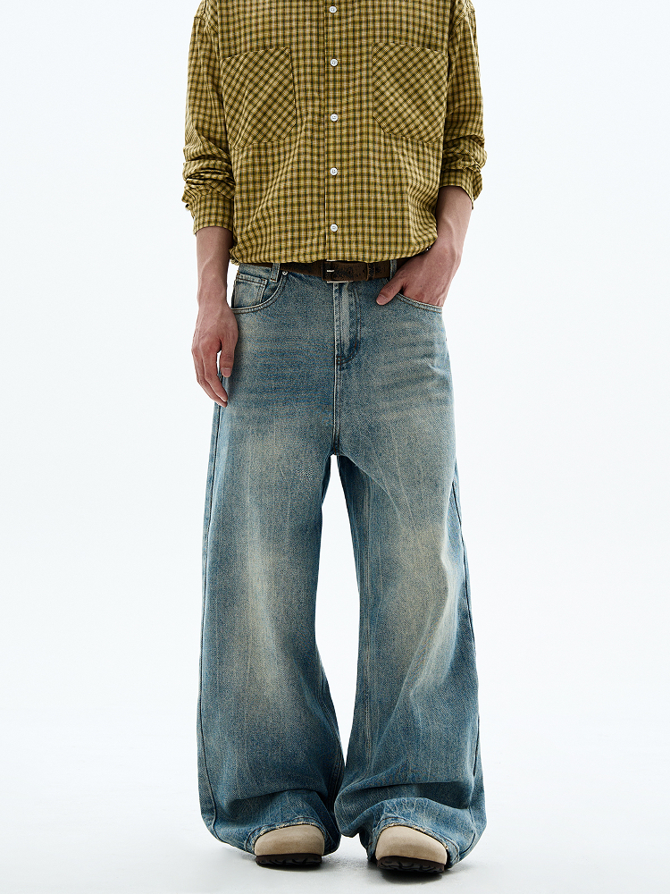 Men's Vintage Distressed Jeans - Classic Fit Straight Leg with Slight Flare, Trendy Slimming Versatile Pants, Y2K Style