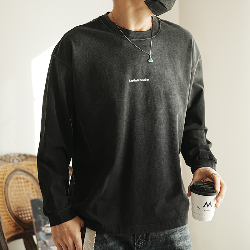 Men's Vintage Distressed Long Sleeve T-Shirt with Gradient Collar - American Retro Style, Cool Loose Fit for Spring Men's Vintage Distressed Long Sleeve T-Shirt with Gradient Collar - American Retro Style, Cool Loose Fit for Spring