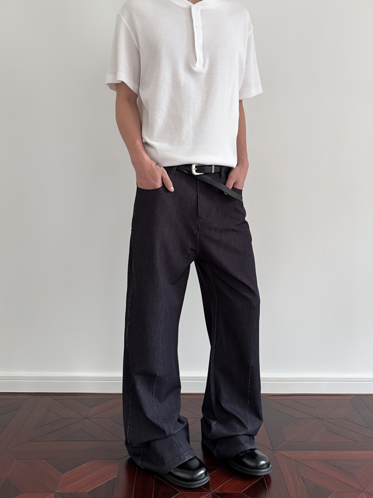 Men's Vintage Inspired Clean Fit Drape Denim Pants - Trendy Straight Leg Slightly Flared Slimming Trousers for a Timeless Look Men's Vintage Inspired Clean Fit Drape Denim Pants - Trendy Straight Leg Slightly Flared Slimming Trousers for a Timeless Look