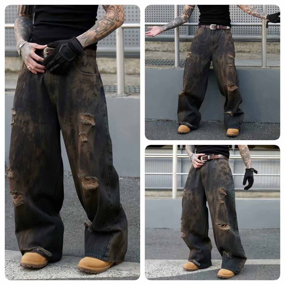 Men's Vintage Ripped Baggy Wide-Leg Jeans - Wasteland Style, American Streetwear, Cool & Loose Floor-Length Pants