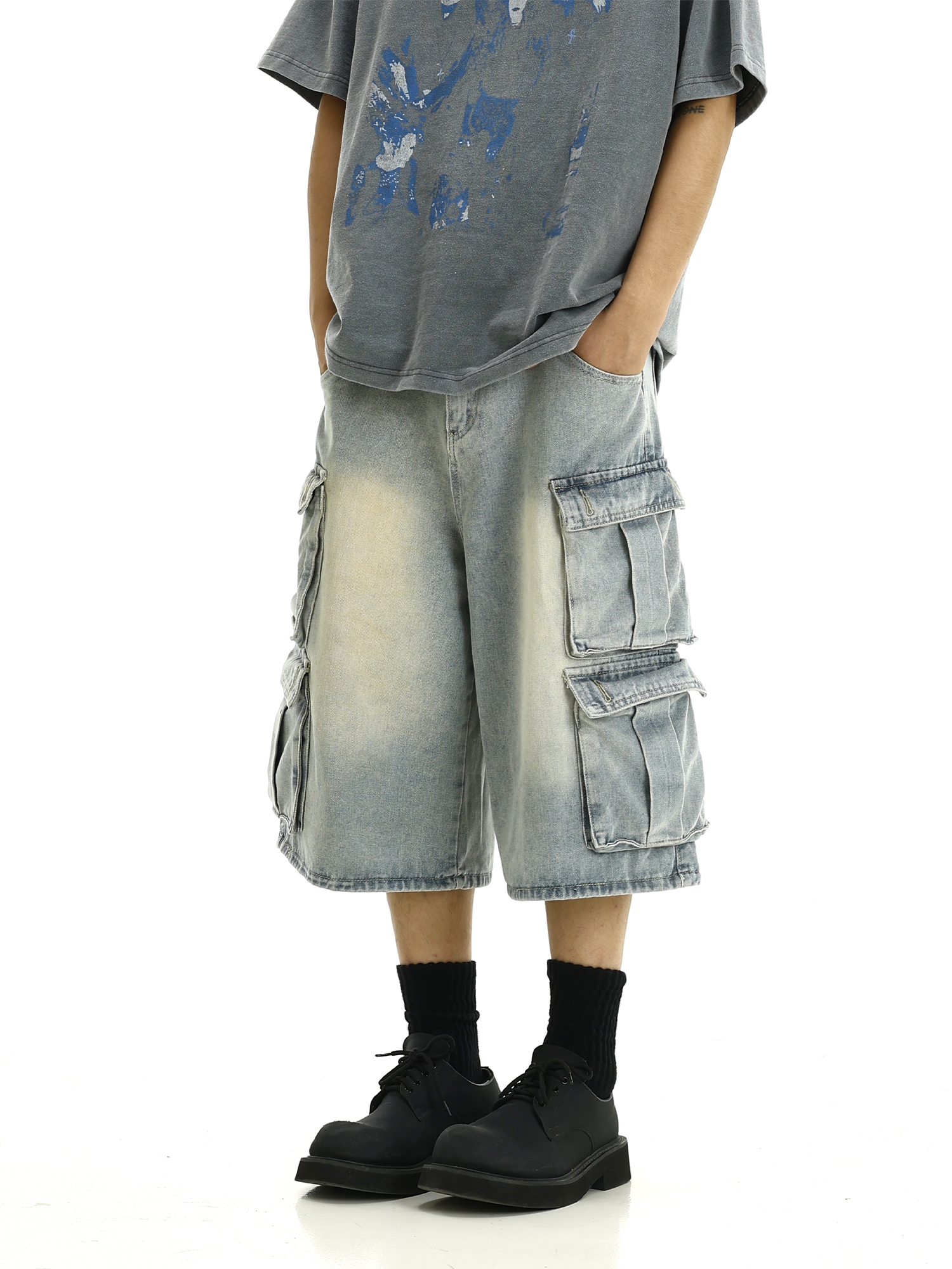 Men's Vintage Workwear Denim Pants - Multi-Pocket, Loose Straight-Leg, Cropped American Retro Style for Summer Men's Vintage Workwear Denim Pants - Multi-Pocket, Loose Straight-Leg, Cropped American Retro Style for Summer