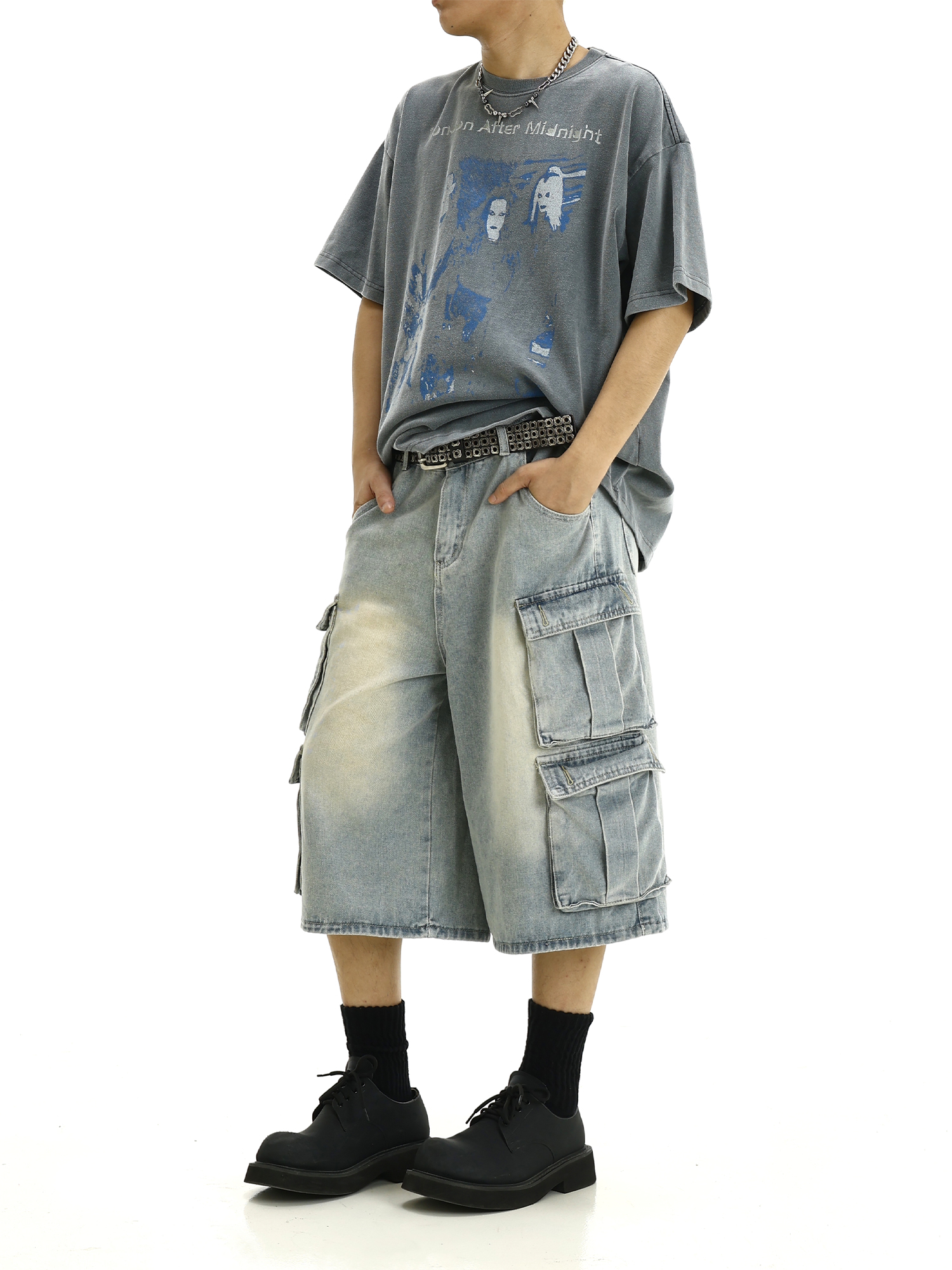 Men's Vintage Workwear Denim Pants - Multi-Pocket, Loose Straight-Leg, Cropped American Retro Style for Summer