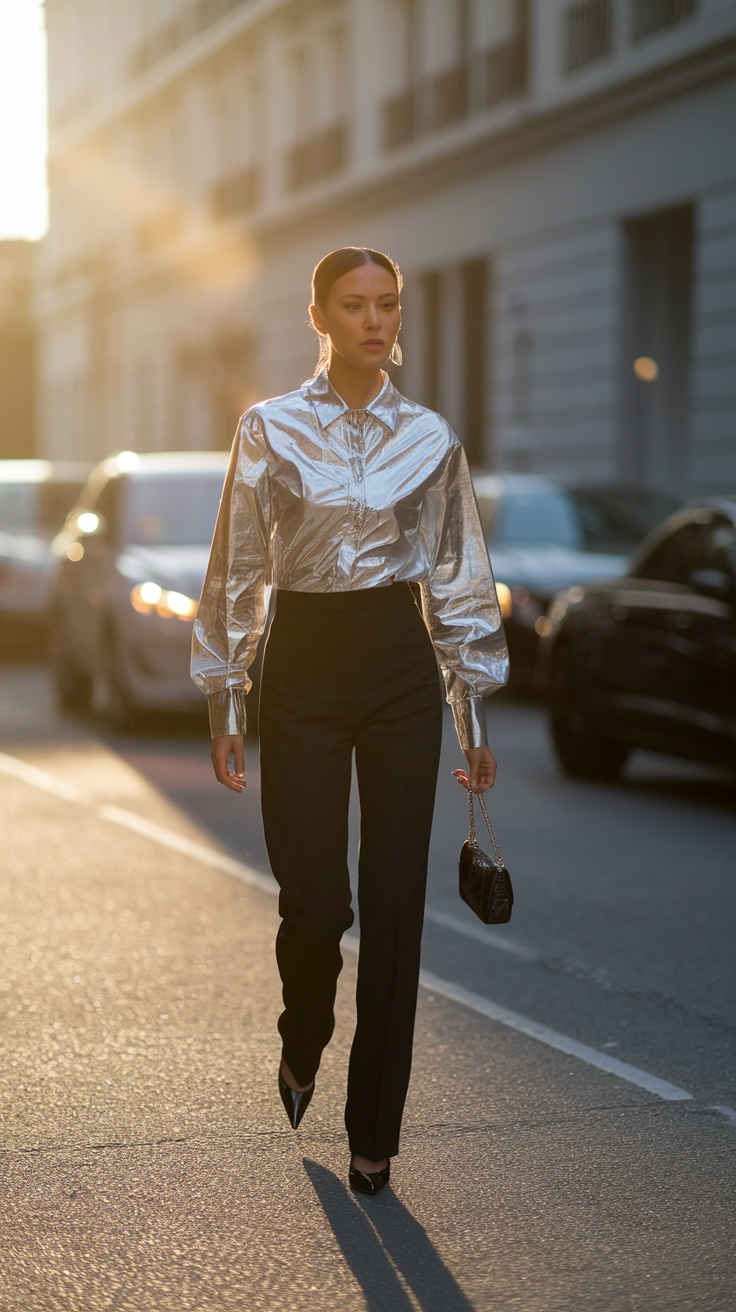Metallic Blouse Outfit: Shine Bright in the 90s outfit idea