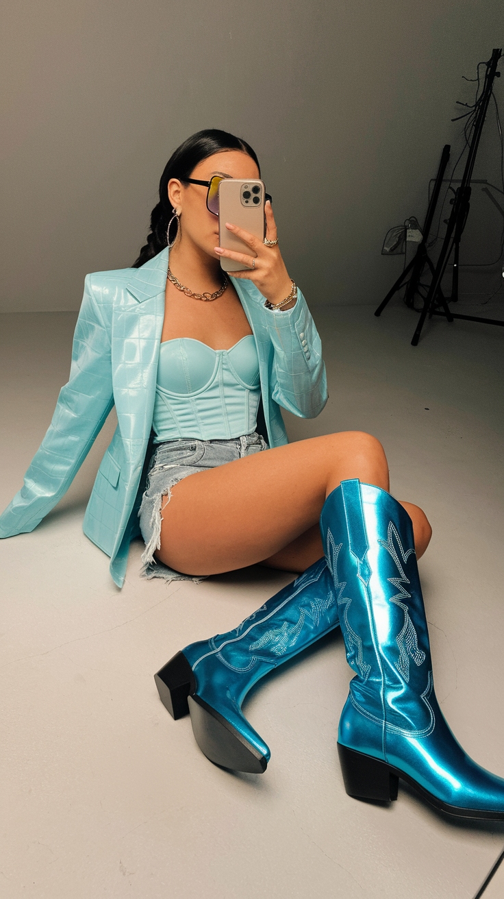 Western Flair: Metallic Blue Cowboy Boots Outfit outfit idea