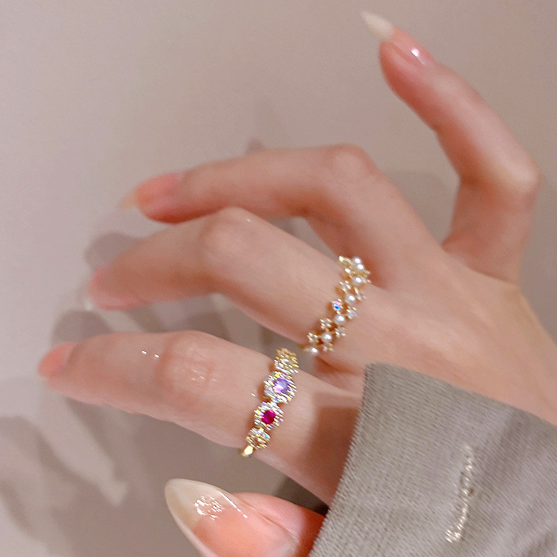 Micro-Inlaid Colored Diamond Zircon Lace Pearl Open Ring for Women - Summer Japanese Korean Style Light Luxury Fashion 2025