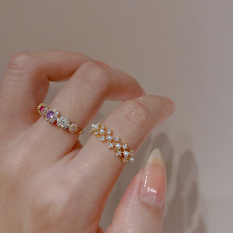 Micro-Inlaid Colored Diamond Zircon Lace Pearl Open Ring for Women - Summer Japanese Korean Style Light Luxury Fashion 2025 Micro-Inlaid Colored Diamond Zircon Lace Pearl Open Ring for Women - Summer Japanese Korean Style Light Luxury Fashion 2025