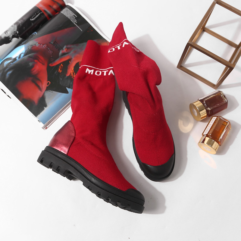 Mid-Calf Knitted Sock Tube Boots for Women - Round Toe Genuine Leather - Trendy Spring Autumn Footwear Mid-Calf Knitted Sock Tube Boots for Women - Round Toe Genuine Leather - Trendy Spring Autumn Footwear