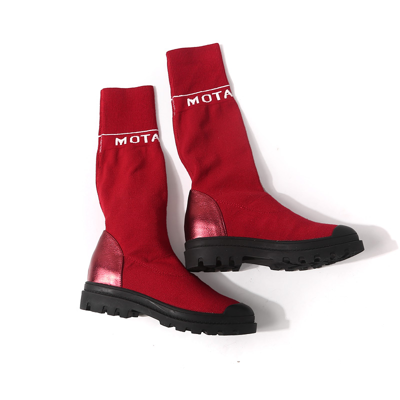 Mid-Calf Knitted Sock Tube Boots for Women - Round Toe Genuine Leather - Trendy Spring Autumn Footwear Mid-Calf Knitted Sock Tube Boots for Women - Round Toe Genuine Leather - Trendy Spring Autumn Footwear