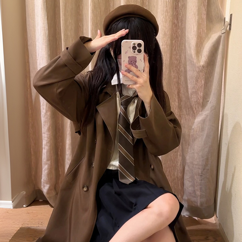 Mid-Length Autumn Coat for Women, Pudding Bear JK Uniform Style, High-End British College Wind Trench for Petite Sizes Mid-Length Autumn Coat for Women, Pudding Bear JK Uniform Style, High-End British College Wind Trench for Petite Sizes