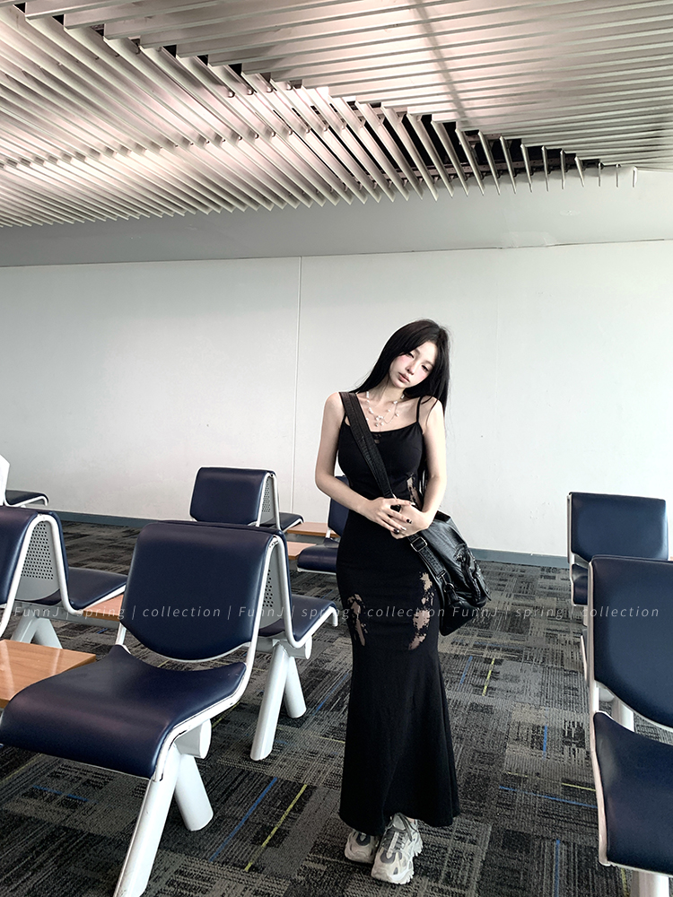 Mid-Length Black Spaghetti Strap Dress with Burn Flower Design - Women's Slim Fit Hunting Sister Style for Y2K and 90s Fashion Mid-Length Black Spaghetti Strap Dress with Burn Flower Design - Women's Slim Fit Hunting Sister Style for Y2K and 90s Fashion