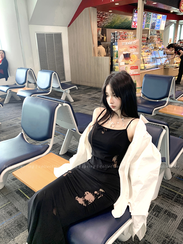 Mid-Length Black Spaghetti Strap Dress with Burn Flower Design - Women's Slim Fit Hunting Sister Style for Y2K and 90s Fashion Mid-Length Black Spaghetti Strap Dress with Burn Flower Design - Women's Slim Fit Hunting Sister Style for Y2K and 90s Fashion