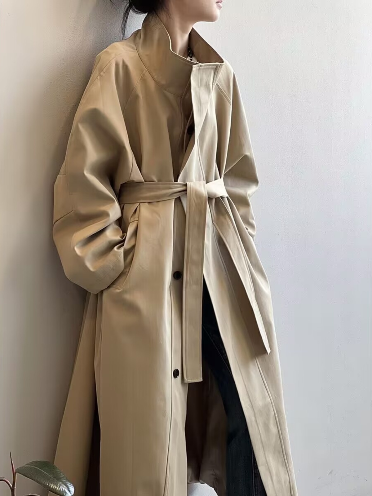 Mid-Length Stand Collar Trench Coat for Women - Casual Loose Fit Single-Breasted British Style for Spring & Autumn 2025