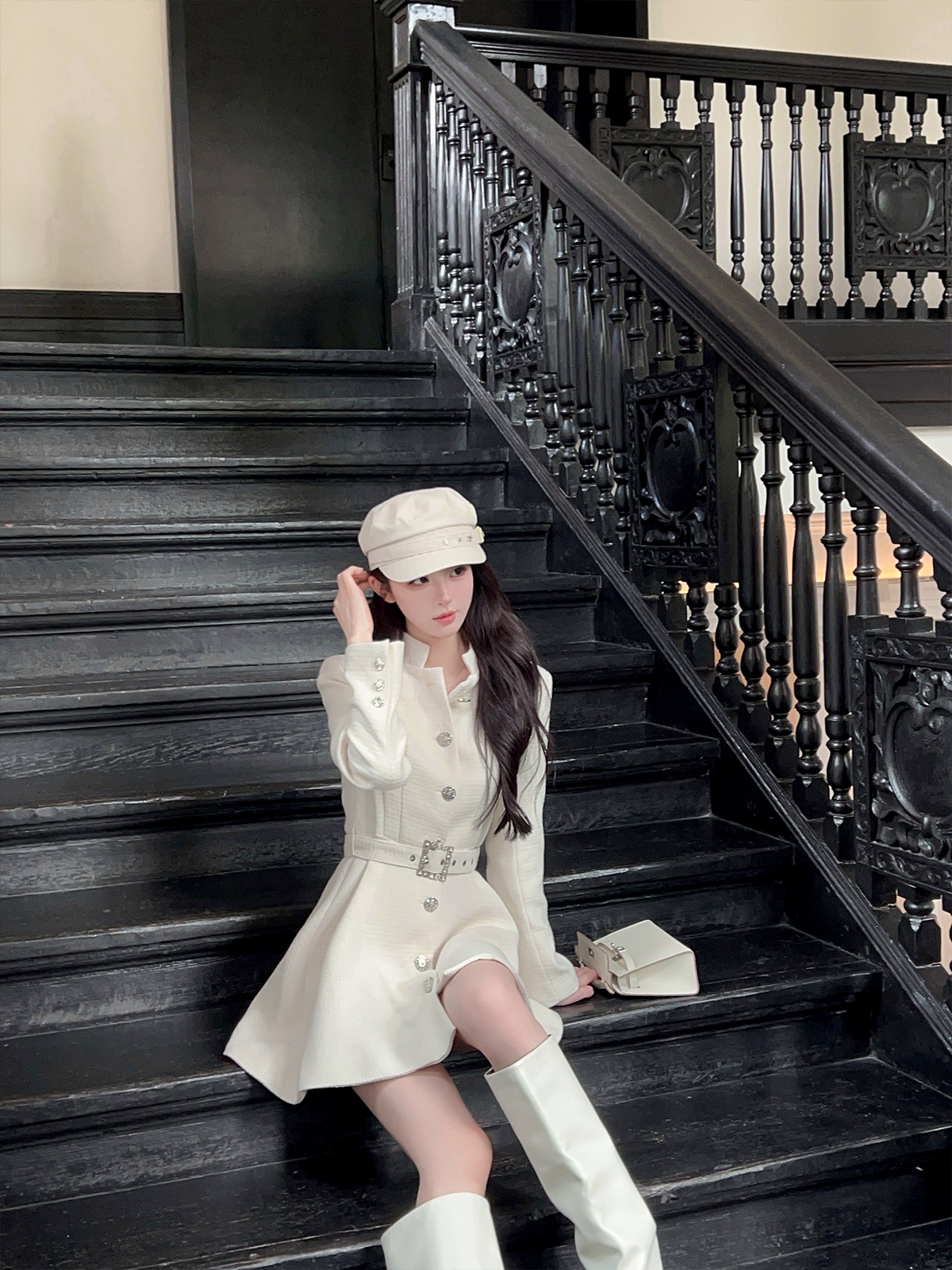 Mid-Length Waist-Cinching White Woolen Coat with Stand Collar for Women - Autumn Winter Fashion Outerwear Mid-Length Waist-Cinching White Woolen Coat with Stand Collar for Women - Autumn Winter Fashion Outerwear